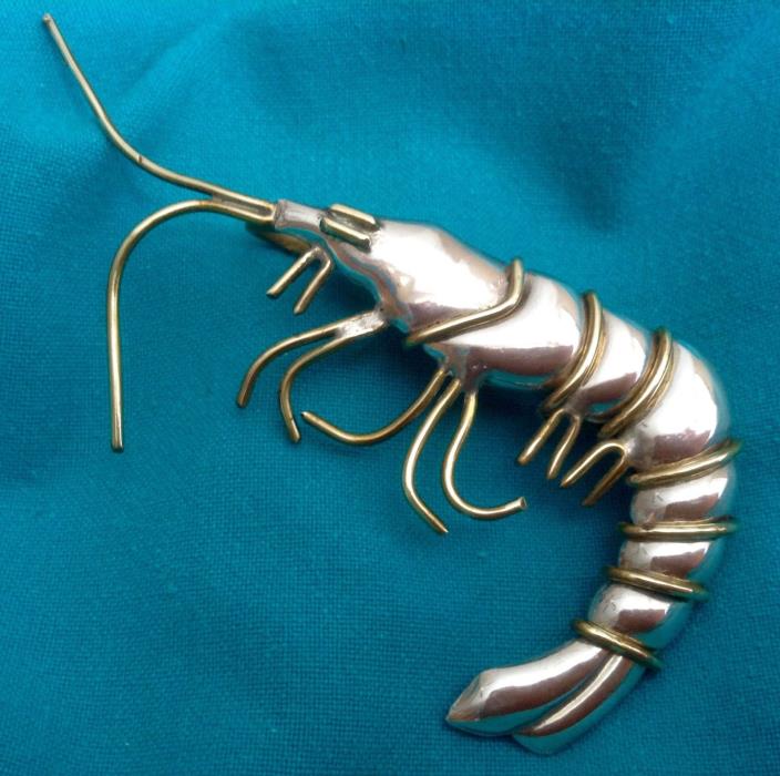 Vtg FULL CIRCLE Shrimp Prawn 18.6g Sterling Silver & Brass Pendant Brooch Pin