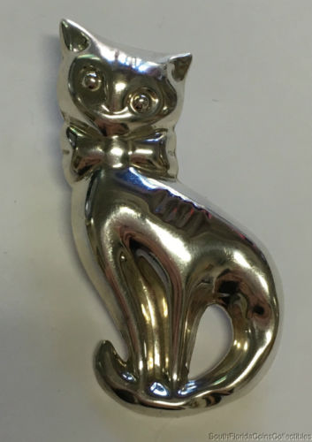 Estate Jewelry Cat with Bow Pin Sterling Silver Taxco Mexico 2 1/2