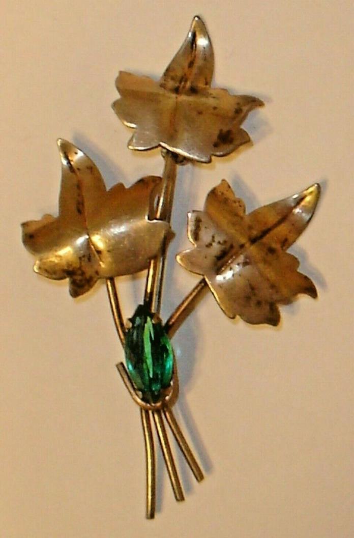 Vintage Sterling Silver Maple Leaf / Leaves Brooch Pin w/ Green Rhinestone