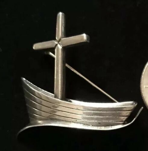 James Avery Retired Rare Boat Ship And Cross On Water Pin Brooch Sterling Silver