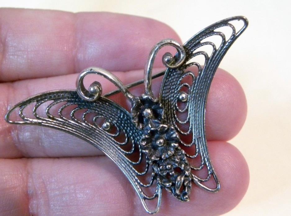 Beau Sterling Marked Silver Floral Butterfly Pin 1.75