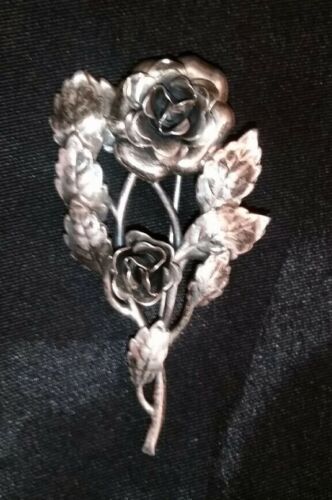 Antique Sterling Silver Rose Brooch Peony Camellia Large Pin Danecraft Vtg