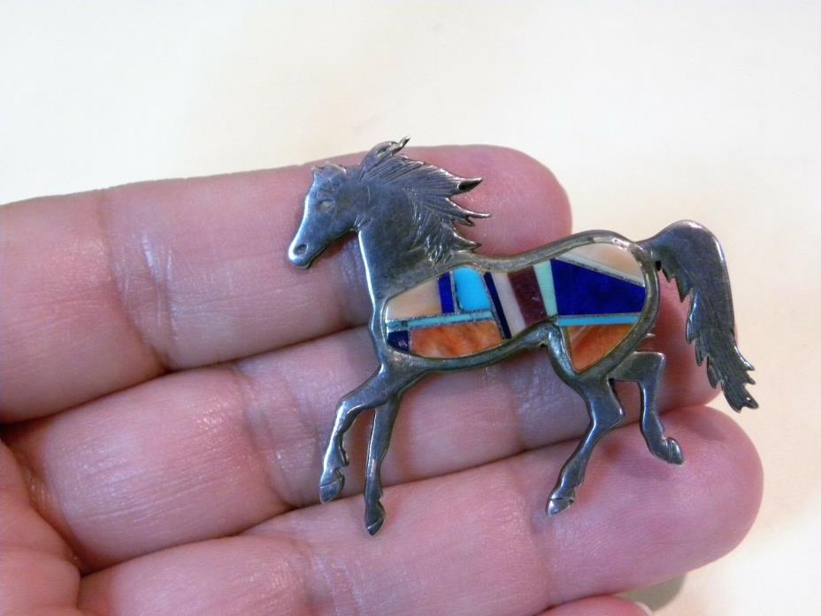 Calvin Begay Southwest Inlay Sterling Silver Horse Pin  Pendant 1.75