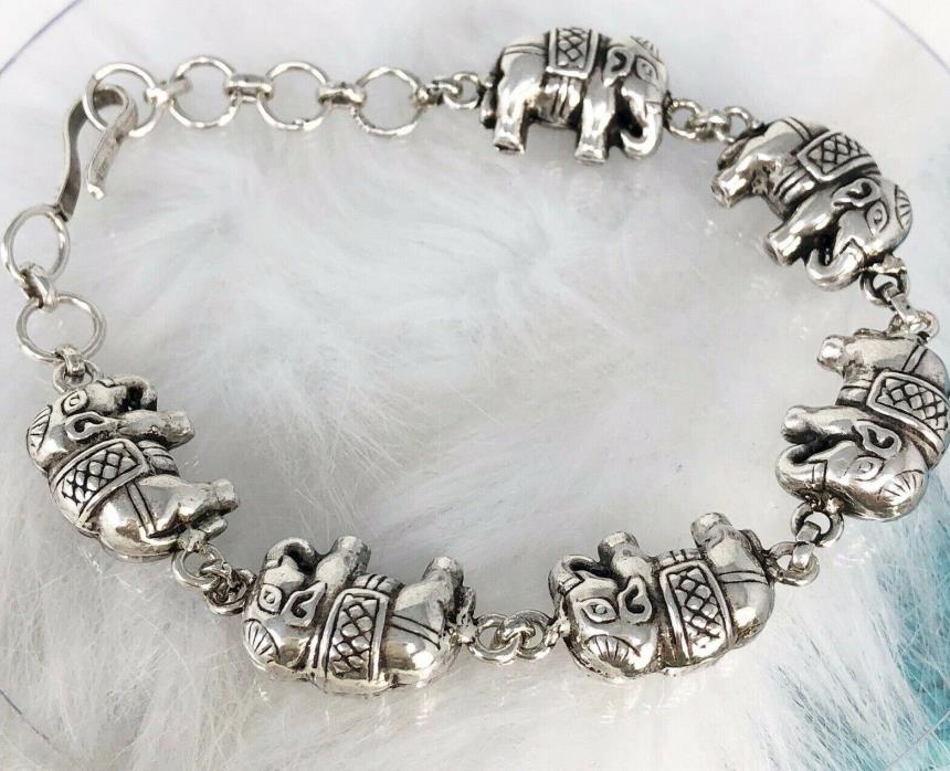 Elephant Decorated Good Luck Link Sterling Silver Bracelet Textured Vtg 925