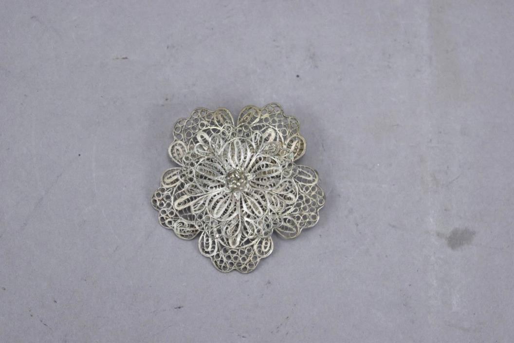Sterling Silver Filigree Flower Shape Pin Brooch
