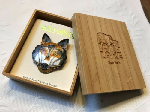 BAMBOO JEWELRY~LARGE STERLING SILVER Enamel Cloisonne Wolf
