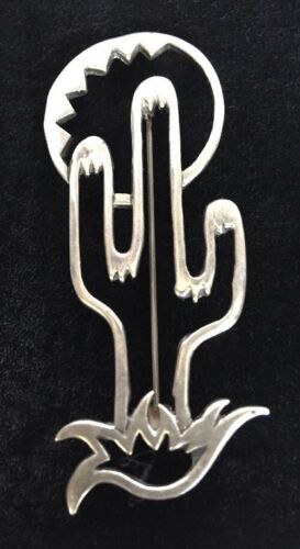 Sterling Silver Cactus Pin By Navajo Artist Glen Sandoval Marked GS Brooch