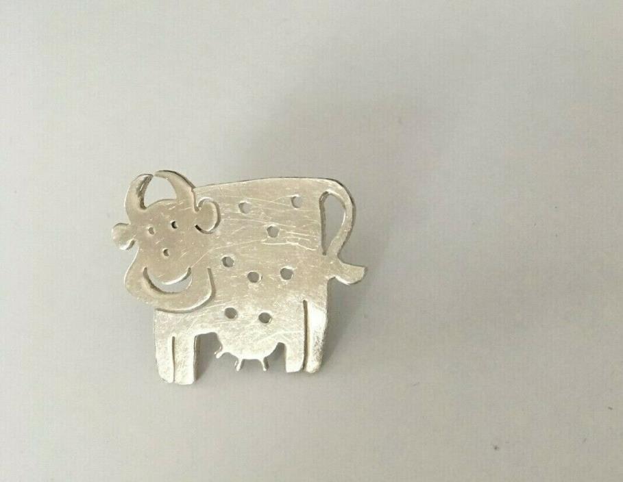 Vintage Sterling Silver  Cow Brooch Pin