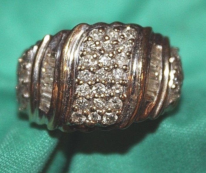 Diamond Dinner Ring 10k YG 1/2 tcw rows round diamonds broken w row of Baguette