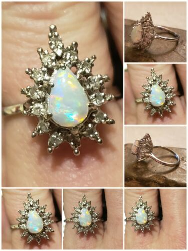14k Solid White Gold Pear Shape Natural Opal Diamond Cluster Ring