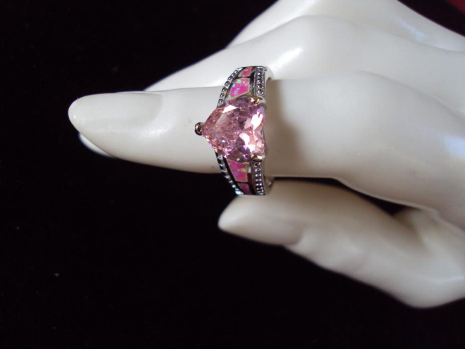 Heart Pink Opal Lab Pink AAA CZ Ring Rhodium over Sterling Silver size  DS-4000