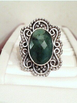 Brazilian Faceted Raw Emerald Sterling Silver Ring - Size 7
