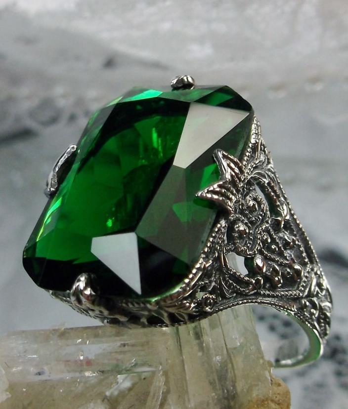 12ct *Emerald* Sterling Silver Floral Art-Deco/Edwardian Filigree Ring Size 5