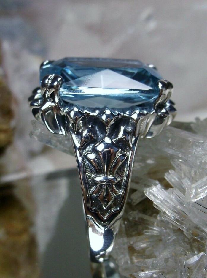 9ct *Blue Aquamarine* Solid Sterling Silver Gothic Design Filigree Ring SZ {MTO}