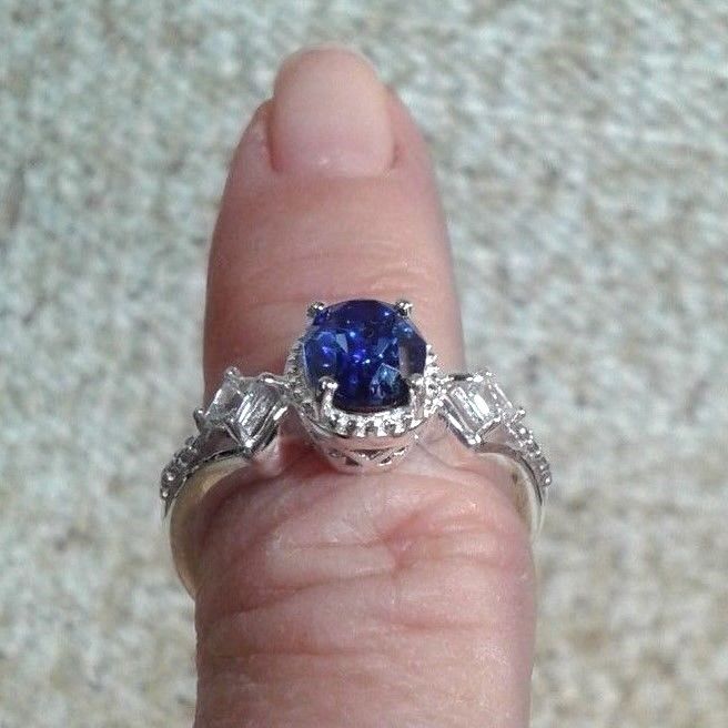 SIMULATED DIAMOND STERLING SILVER RING SIZE 5- MADE WITH SWAROVSKI BLUE CRYSTAL