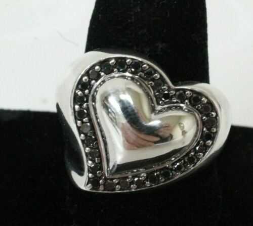 JS 925 STER Sz 7.5 Heart Shape Ring W/Heart Center & Black Stones Around