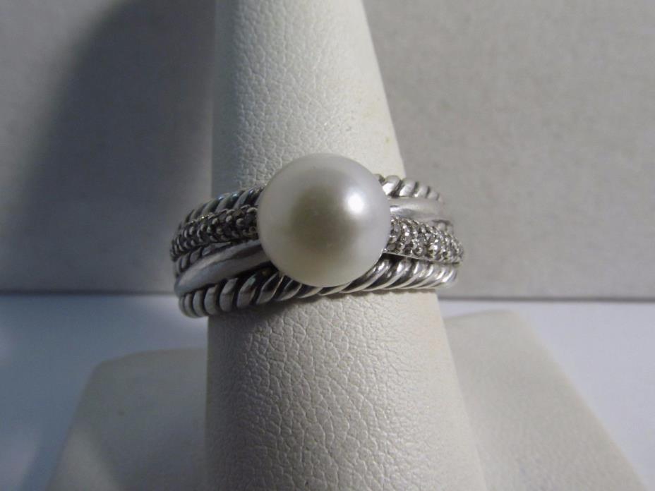 David Yurman Diamond, 9mm Pearl Cable Crossover Ring  Size 8.5  #R251