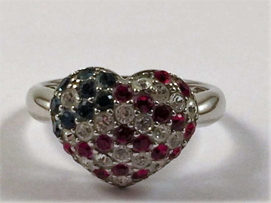 Meda 925 Sterling Silver Red White and Blue CZ Heart Ring Size 9.5
