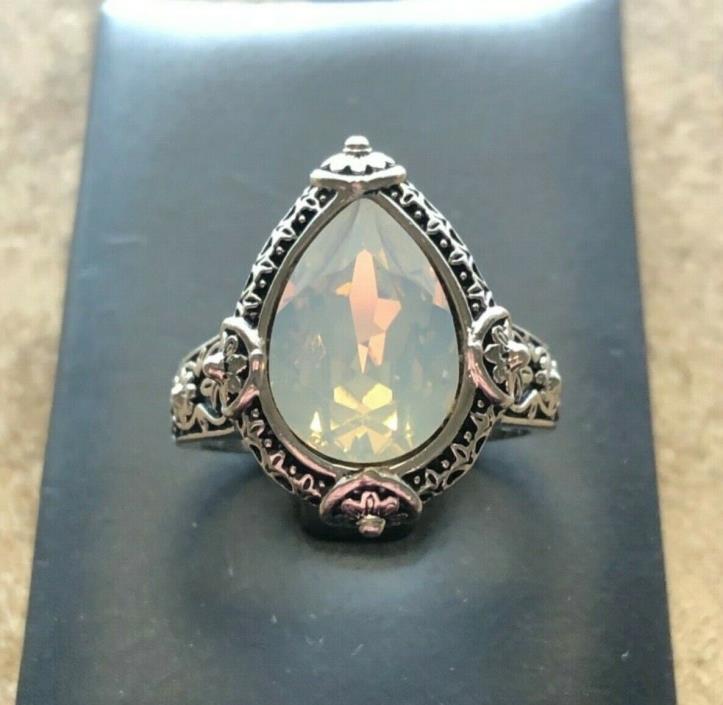 Sterling Silver 925 Ornate Pear Shaped Ring with Faux Moonstone Size 9