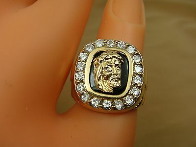 10K YG Mens Onyx JESUS Head with CZ's Ring - Size 7.25 - Iced Out