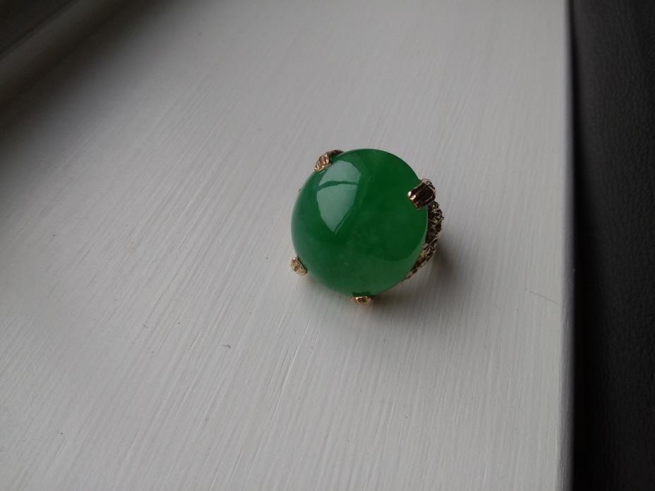 Natural Green jadeite jade Ring 14k gold Mottled with certificate grade A