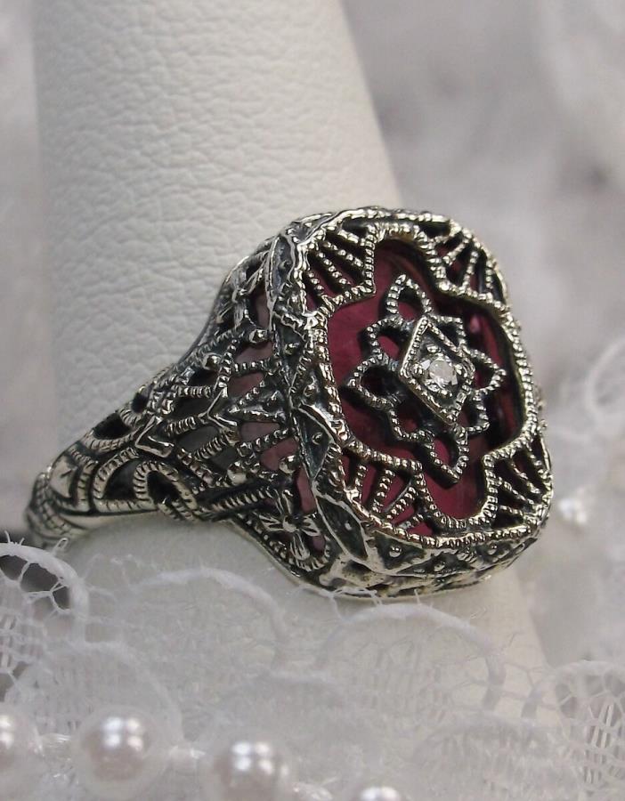 Art Deco Revival Rose-Glass Solid Sterling Silver 1930's Filigree Ring Size 9
