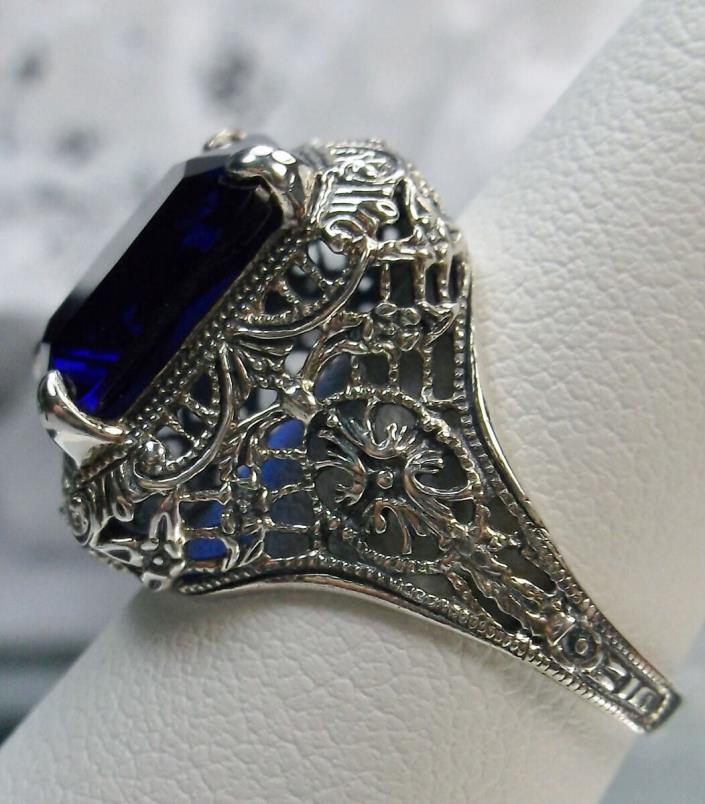 Sterling Silver 5ct *Sapphire* Intricate Floral Victorian Filigree Ring Size 9