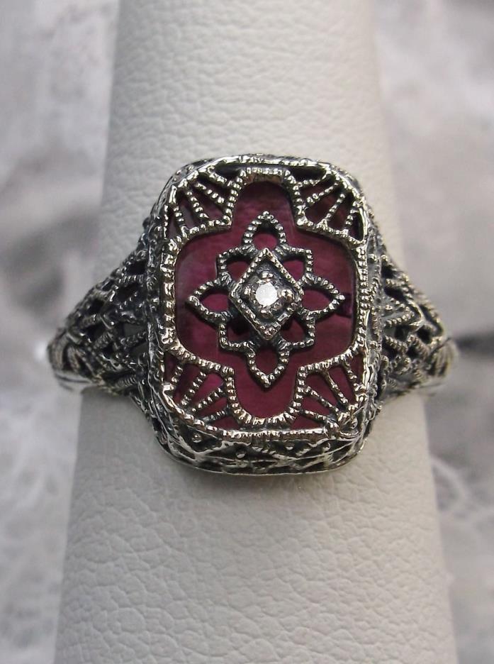 Art Deco Revival Rose Glass Solid Sterling Silver 1930s Filigree Ring Size: 5