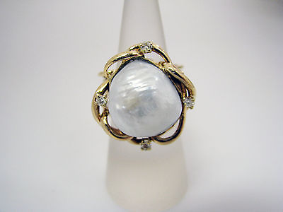 c407 Vintage Large Natural Pearl Ring with Diamonds in 14k Yellow Gold