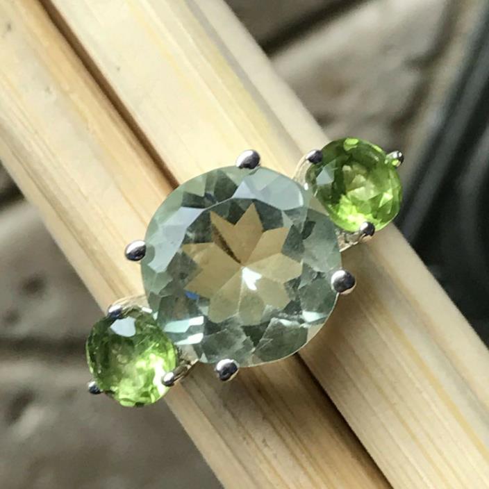 Genuine 4ct Green Amethyst Peridot 925 Solid Sterling Silver 3-Stone Ring 7.75