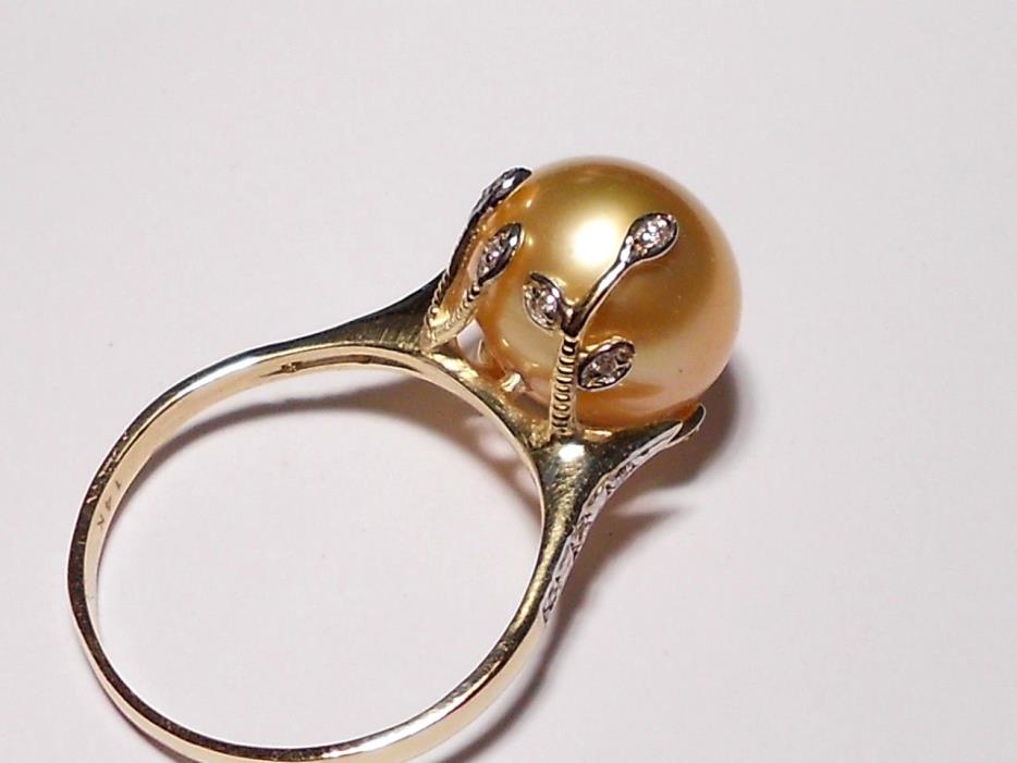 South Sea golden pearl ring, diamonds, solid 14k yellow gold.