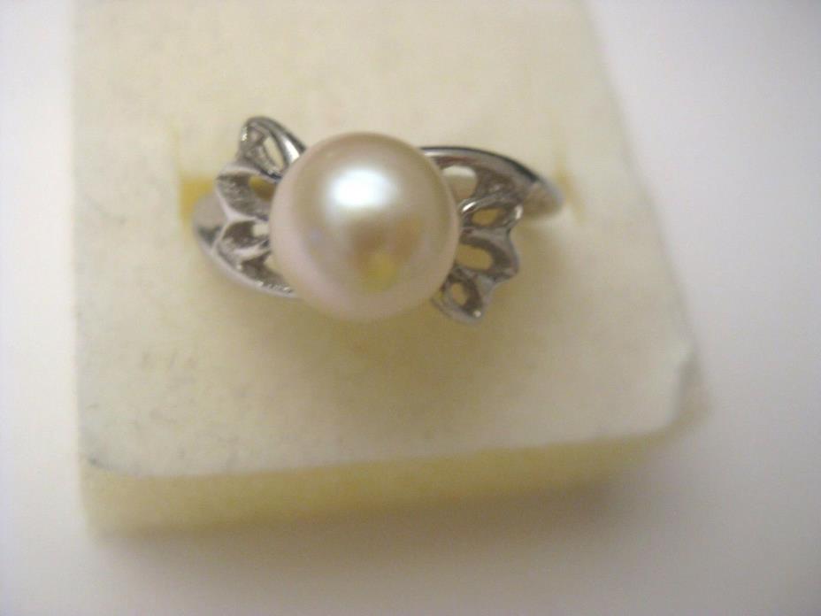 Vintage 14K White Gold 7mm Light Yellow PEARL Leaf Ring Size 5.5