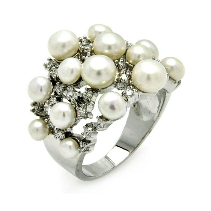 Sterling Silver Ring 925  Clear CZ  Cluster of  multiple Fresh Water Pearls~NEW~