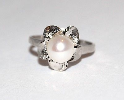 Fine Estate Cultured Peal Fashion Flower 14k White Gold Cocktail Ring Sz 6
