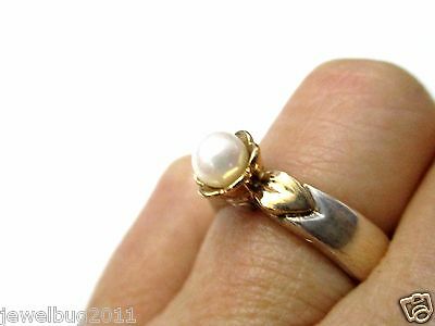 RARE! Pearl Flower Ring with Leaves 14kt Gold and Sterling Silver SO PRETTY!