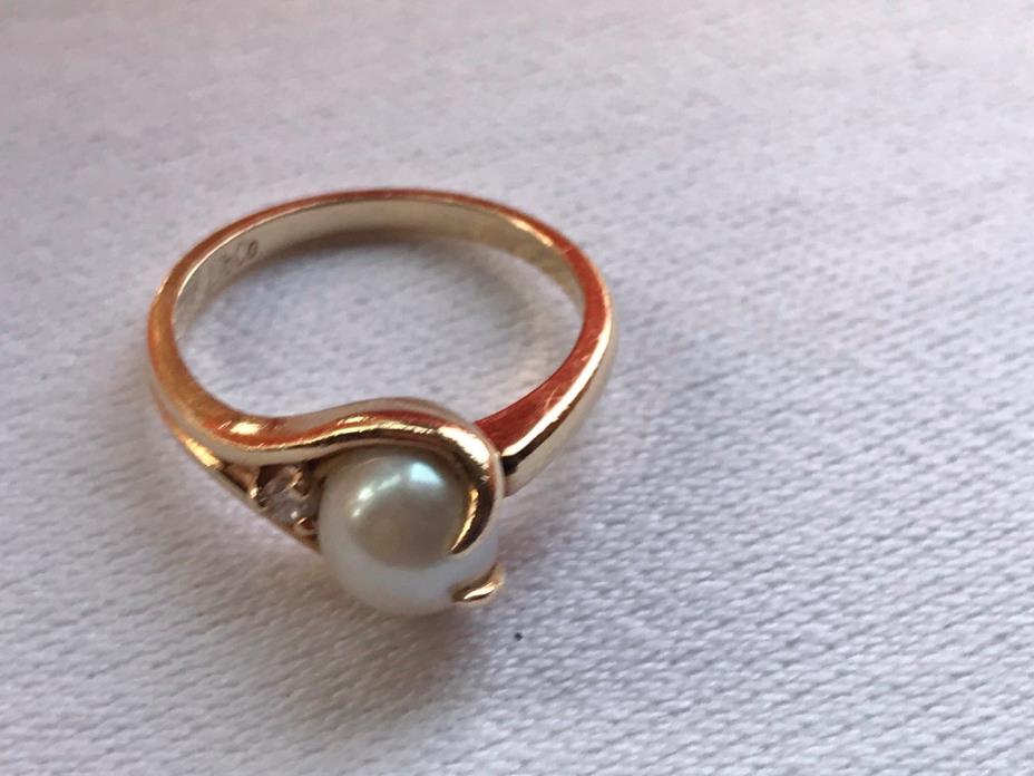 14 kt Gold Pearl and Diamond Ring Signed Lib co size 6 Free Ship