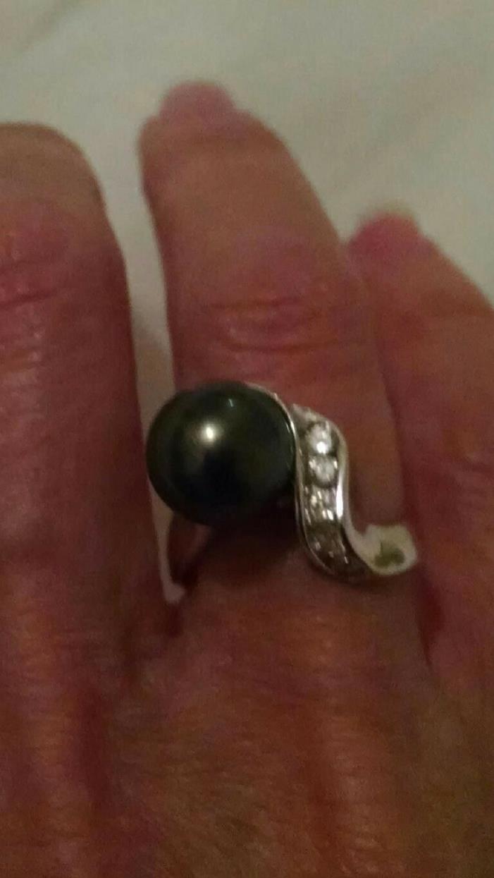 Tahitian Black pearl and diamonds ring 14k white gold 10mm pearl