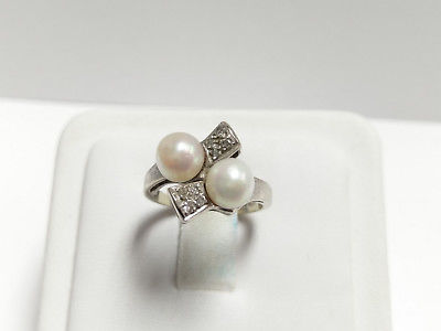 Estate Vintage 14k White Gold Double White Pearl Round Diamond Cocktail Ring