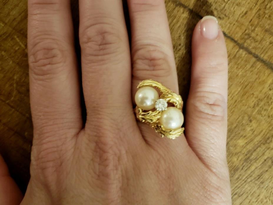 14k Gold Large Pearl Diamond Ring