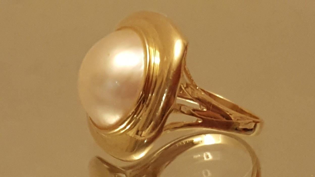 DESIGNER ART DECO MABE ESTATE PEARL RING 14K  585 YELLOW GOLD 8 GR  SIZE 6.5