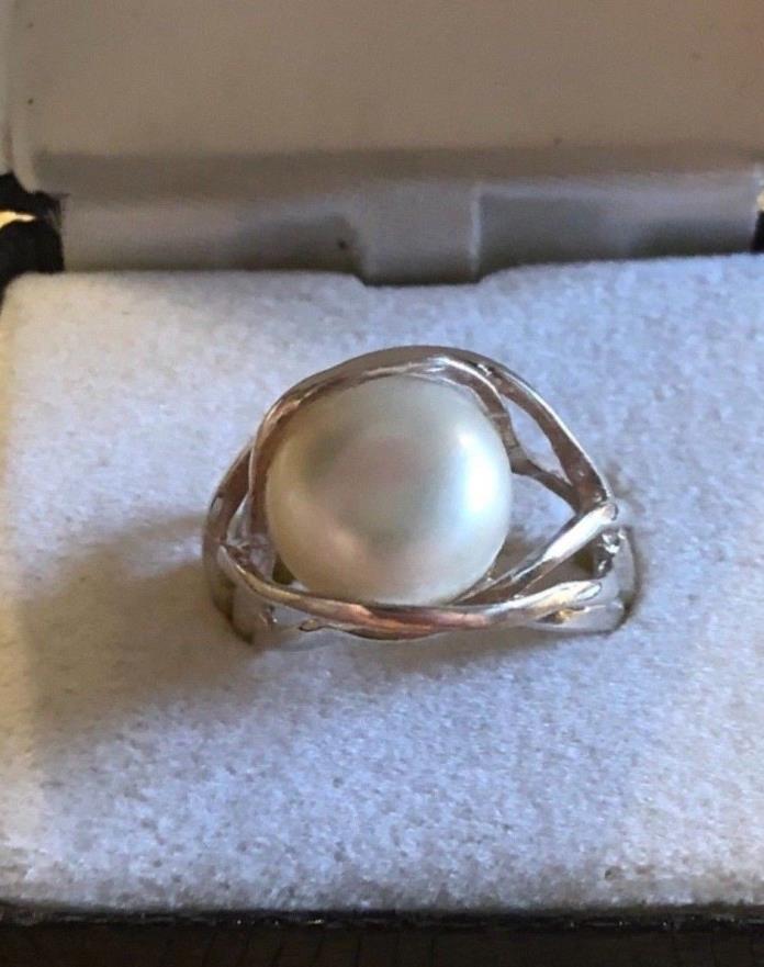 Sterling Silver 925 Pearl Criss Cross Ring Size 8