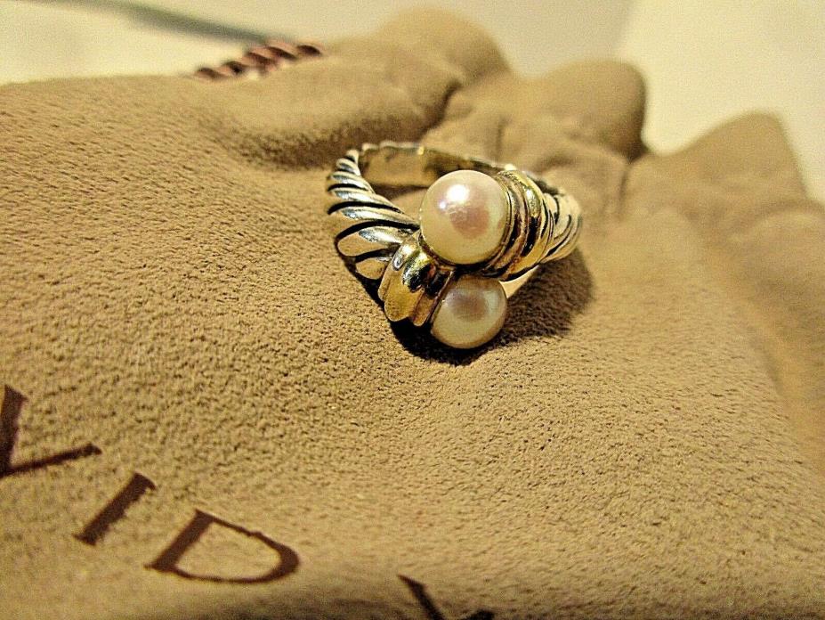 David Yurman Sterling Silver Double Pearl Cable Twist Ring + Box & Pouch Size 4