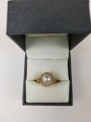 Pearl And Diamond Yellow Gold Size 6 Ring 14K