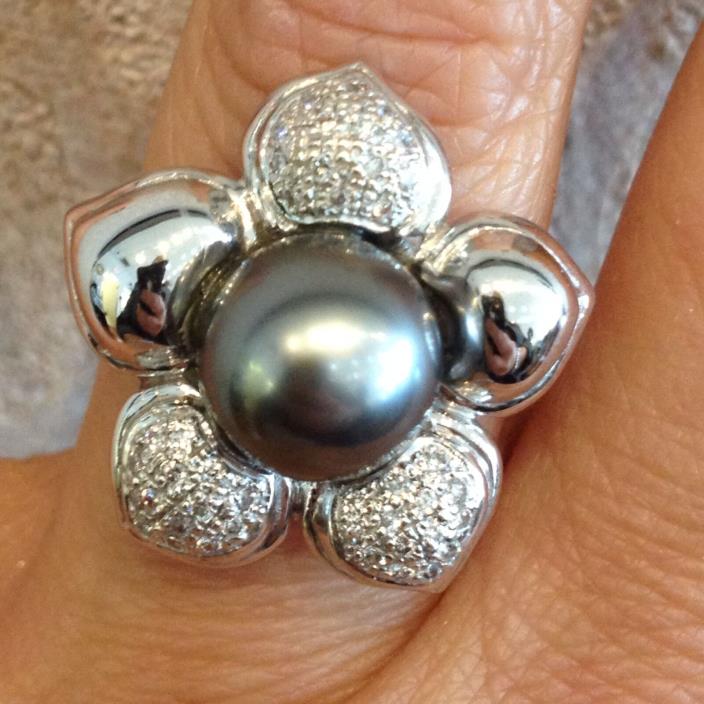 NEW 14K WHITE GOLD 10MM GRAY PEARL AND PAVE DIAMOND PETALS FLOWER RING SIZE 71/2
