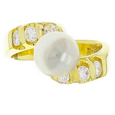 14k Yellow Gold 0.40ctw Diamond & 8.50mm White Cultured Pearl Bypass Ring