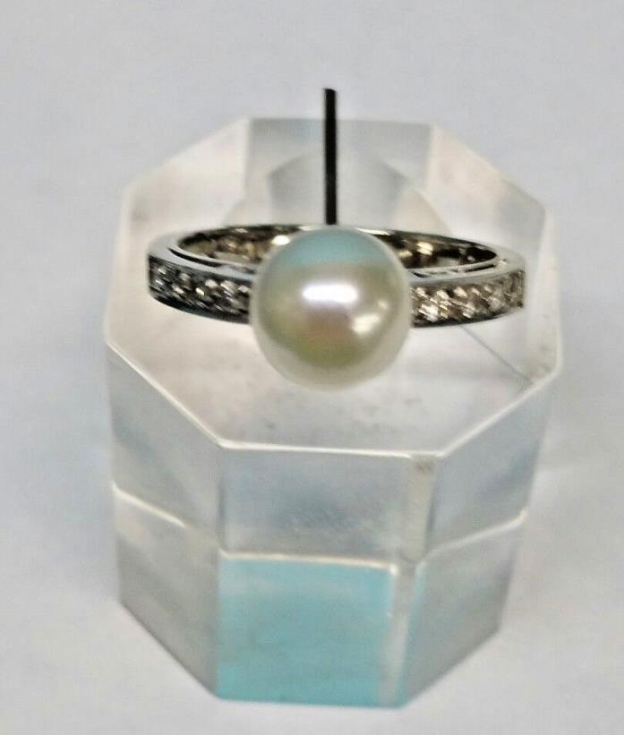 14K WHITE GOLD RING WITH DIAMOND AND 7 3/4 MM NATURAL ROUND PEARL