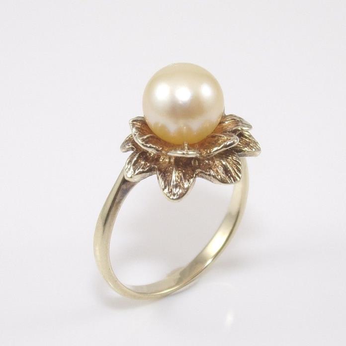 Vintage 10K Yellow Gold 7mm Pearl Flower Ring Size 6.25