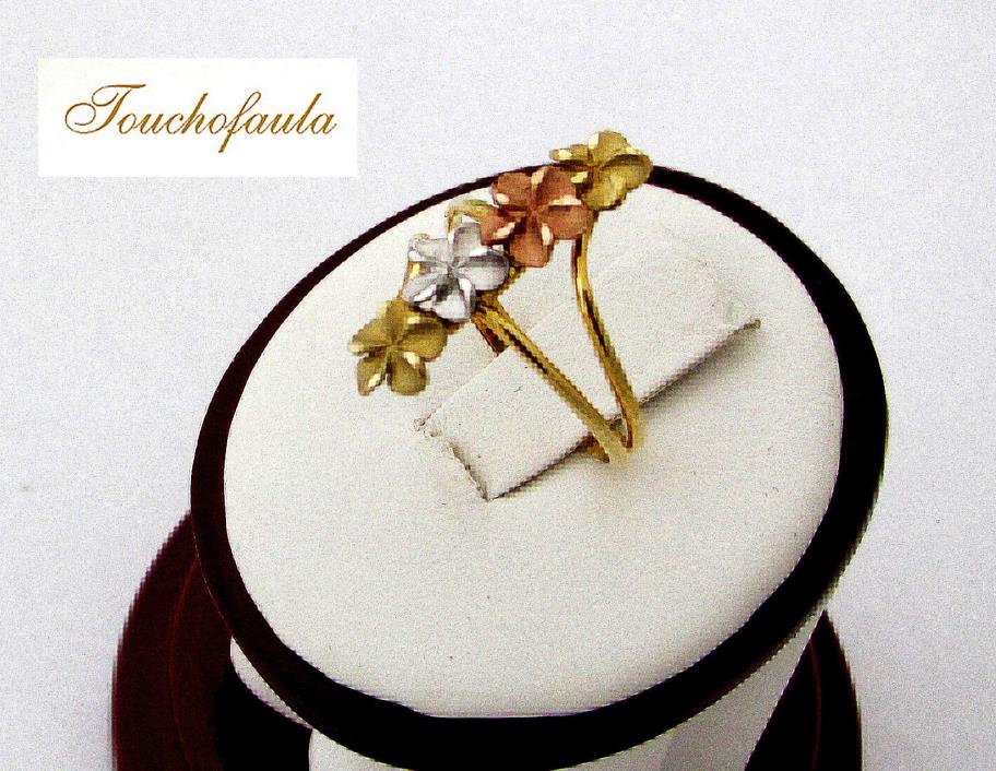 14K TRI COLOR PLUMERIA FLOWERS RING SIZE 7  WEIGHS 2.2 GRAMS