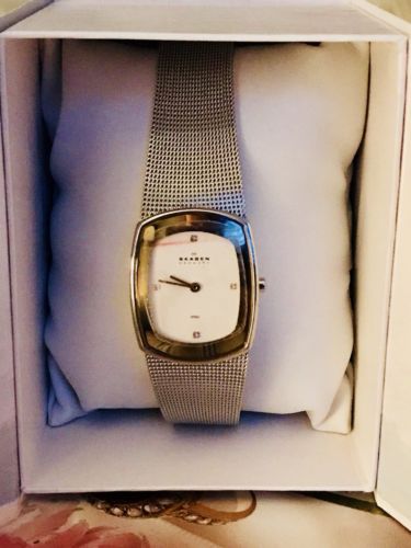 NEW Retail $599 SKAGEN DENMARK Silver Mesh watch Bracelet w/ stones Stainless