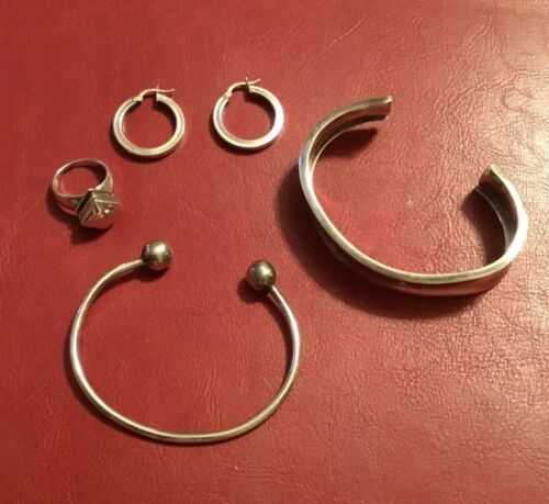 Sterling Silver 925 Lot of 2 Cuff Bracelets, Hoop Earrings, and Ring ~ 45 Grams!